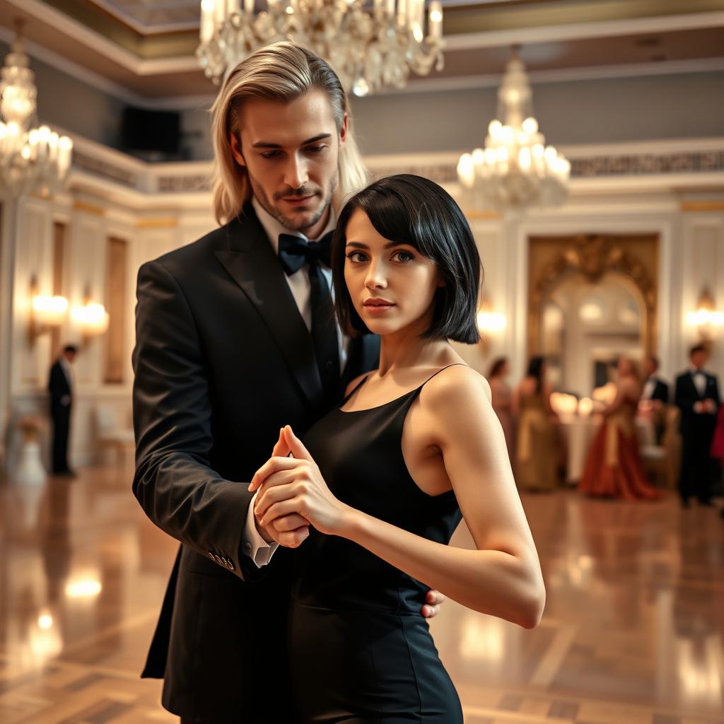 A couple dancing elegantly on a luxurious dance floor