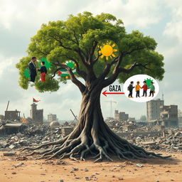 In a war-torn Gaza scene, a large tree stands amidst the destruction