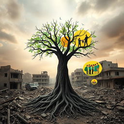 In a war-torn Gaza scene, a large tree stands amidst the destruction