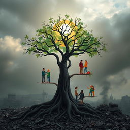 In a war-torn Gaza scene, a large tree stands amidst the destruction