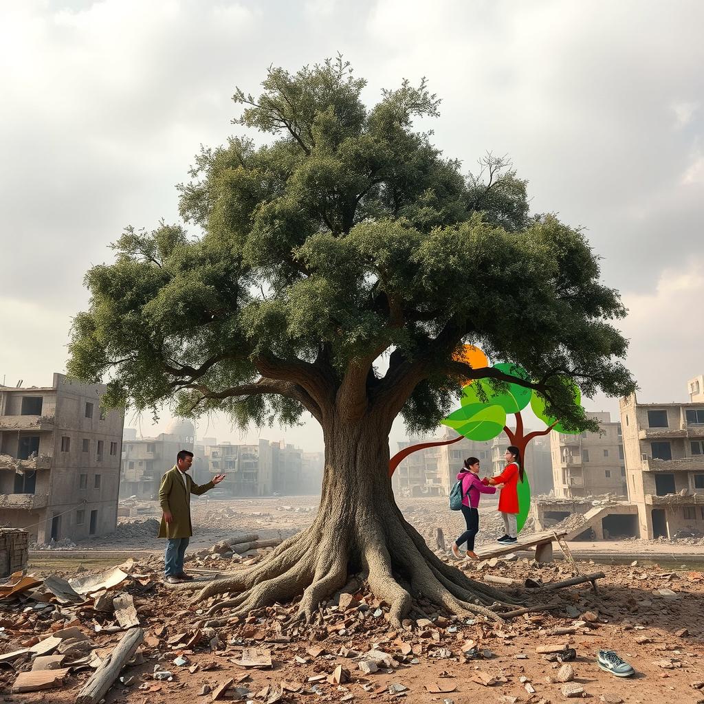In a war-torn Gaza scene, a large tree stands amidst the destruction