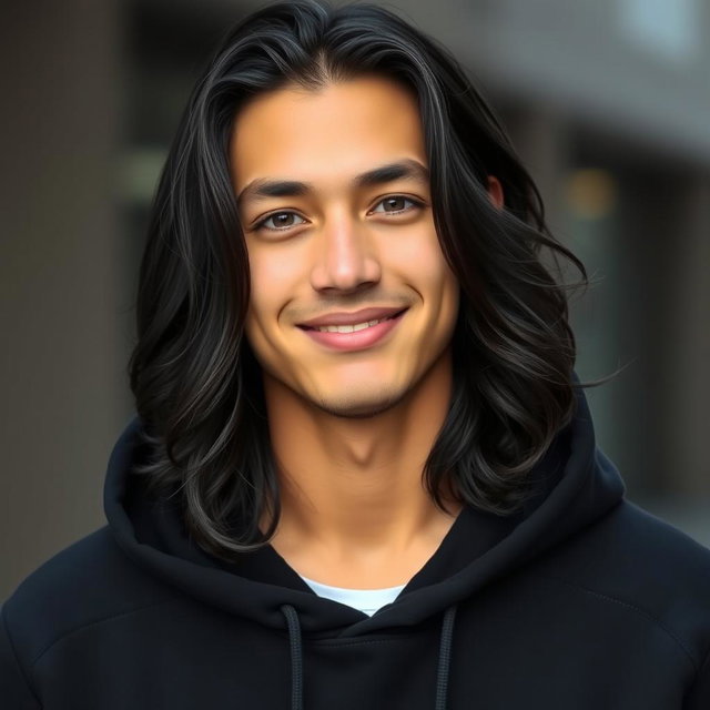 A handsome young adult male with long, slightly wavy black hair, wearing a stylish black hoodie