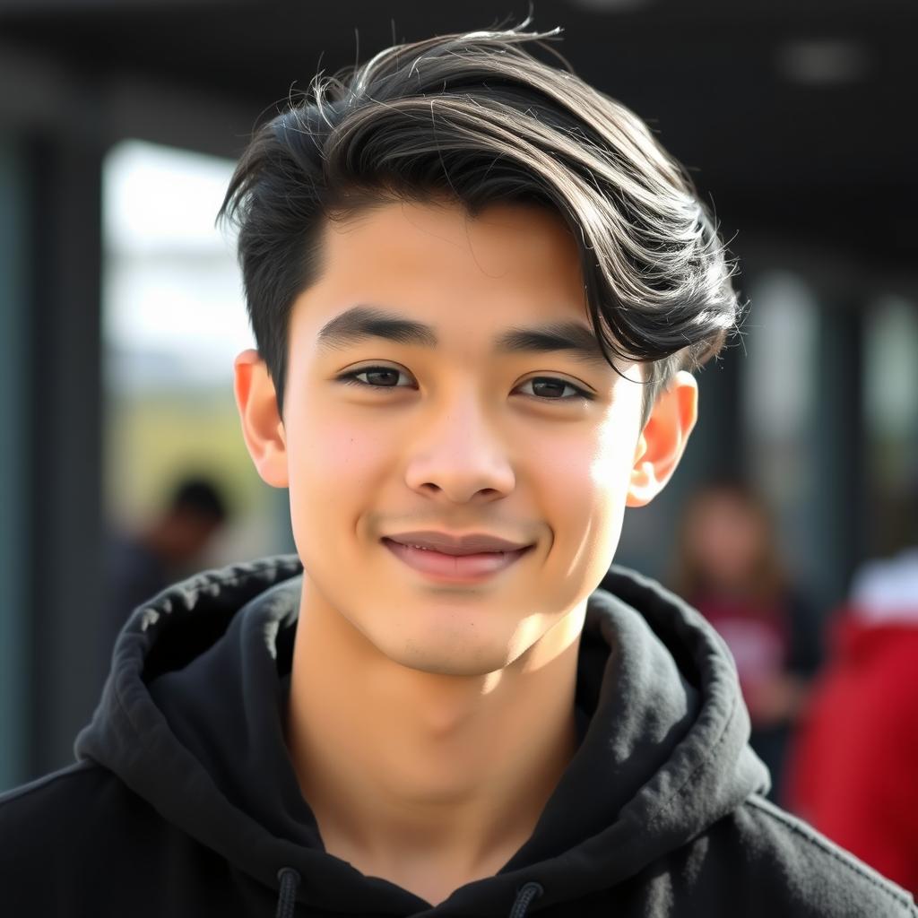A handsome young adult male with long, slightly wavy black hair, wearing a stylish black hoodie