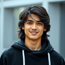 A handsome young adult male with long, slightly wavy black hair, wearing a stylish black hoodie