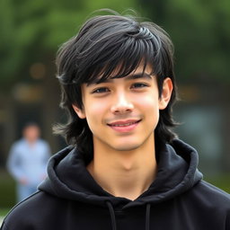 A handsome young adult male with long, slightly wavy black hair, wearing a stylish black hoodie