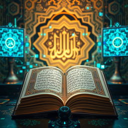 A visually striking composition featuring the juxtaposition of advanced technology and the Quran