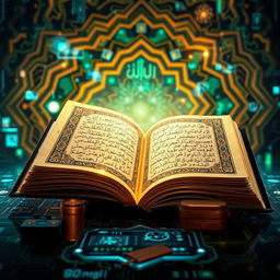 A visually striking composition featuring the juxtaposition of advanced technology and the Quran