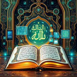 A visually striking composition featuring the juxtaposition of advanced technology and the Quran