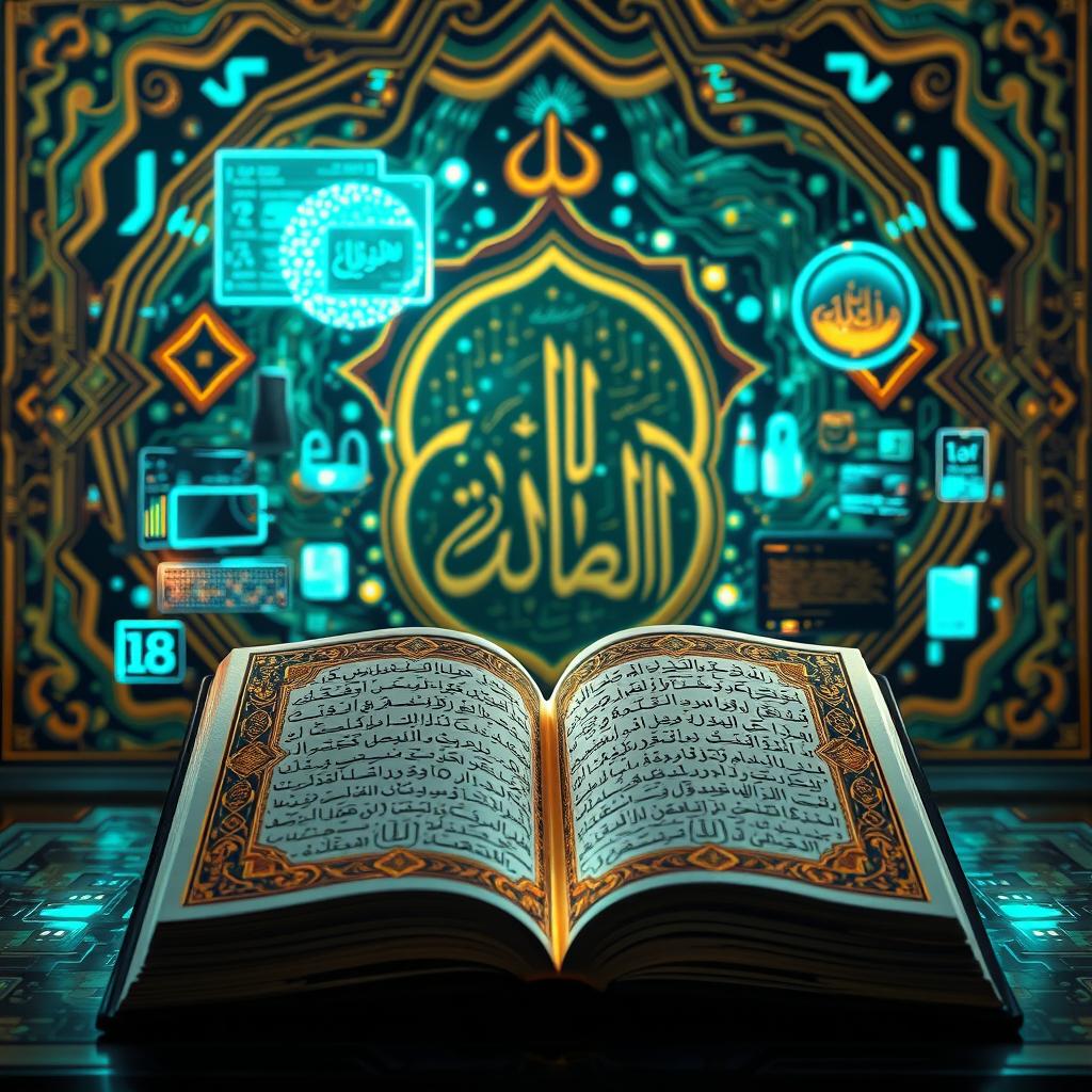 A visually striking composition featuring the juxtaposition of advanced technology and the Quran