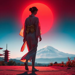A sexy Japanese lady walking barefoot towards Mount Fuji, wearing a transparent yukata adorned with flowery motifs