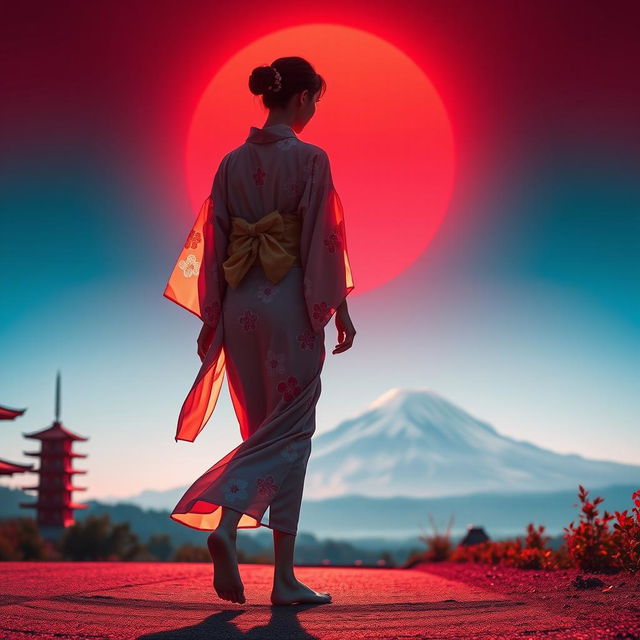 A sexy Japanese lady walking barefoot towards Mount Fuji, wearing a transparent yukata adorned with flowery motifs