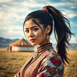 A stunning portrait of a Mongolian woman inspired by the style of Ariana Grande