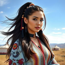 A stunning portrait of a Mongolian woman inspired by the style of Ariana Grande