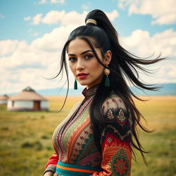 A stunning portrait of a Mongolian woman inspired by the style of Ariana Grande