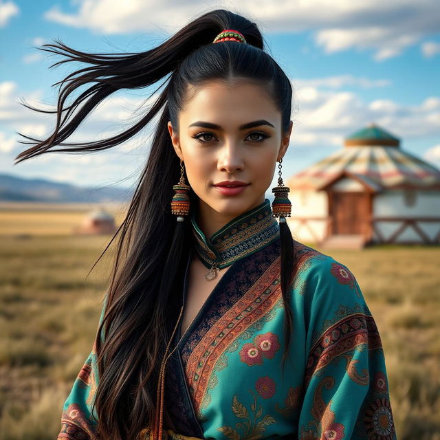 A stunning portrait of a Mongolian woman inspired by the style of Ariana Grande