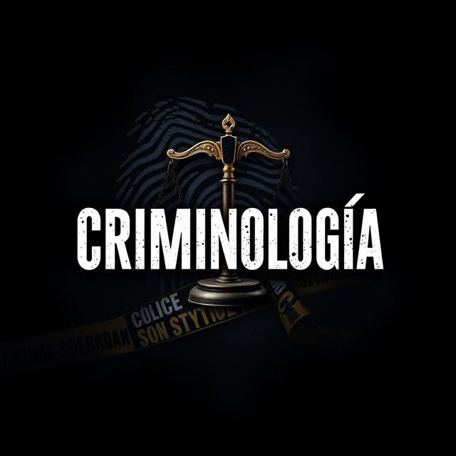 A striking and dramatic image featuring the word 'Criminología' prominently displayed in bold, artistic typography