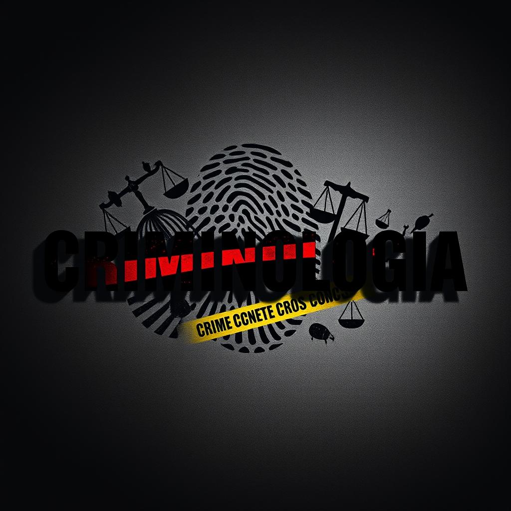 A striking and dramatic image featuring the word 'Criminología' prominently displayed in bold, artistic typography