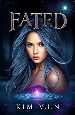 A fantasy book cover for 'FATED', featuring a young woman named Kim with striking features, her expression a mix of determination and vulnerability