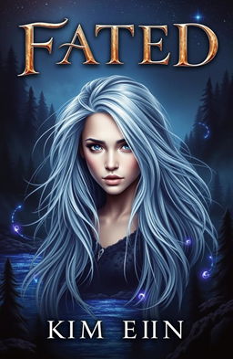 A fantasy book cover for 'FATED', featuring a young woman named Kim with striking features, her expression a mix of determination and vulnerability