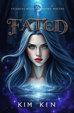 A fantasy book cover for 'FATED', featuring a young woman named Kim with striking features, her expression a mix of determination and vulnerability