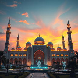 A stunning depiction of Islamic architecture infused with modern artificial intelligence elements