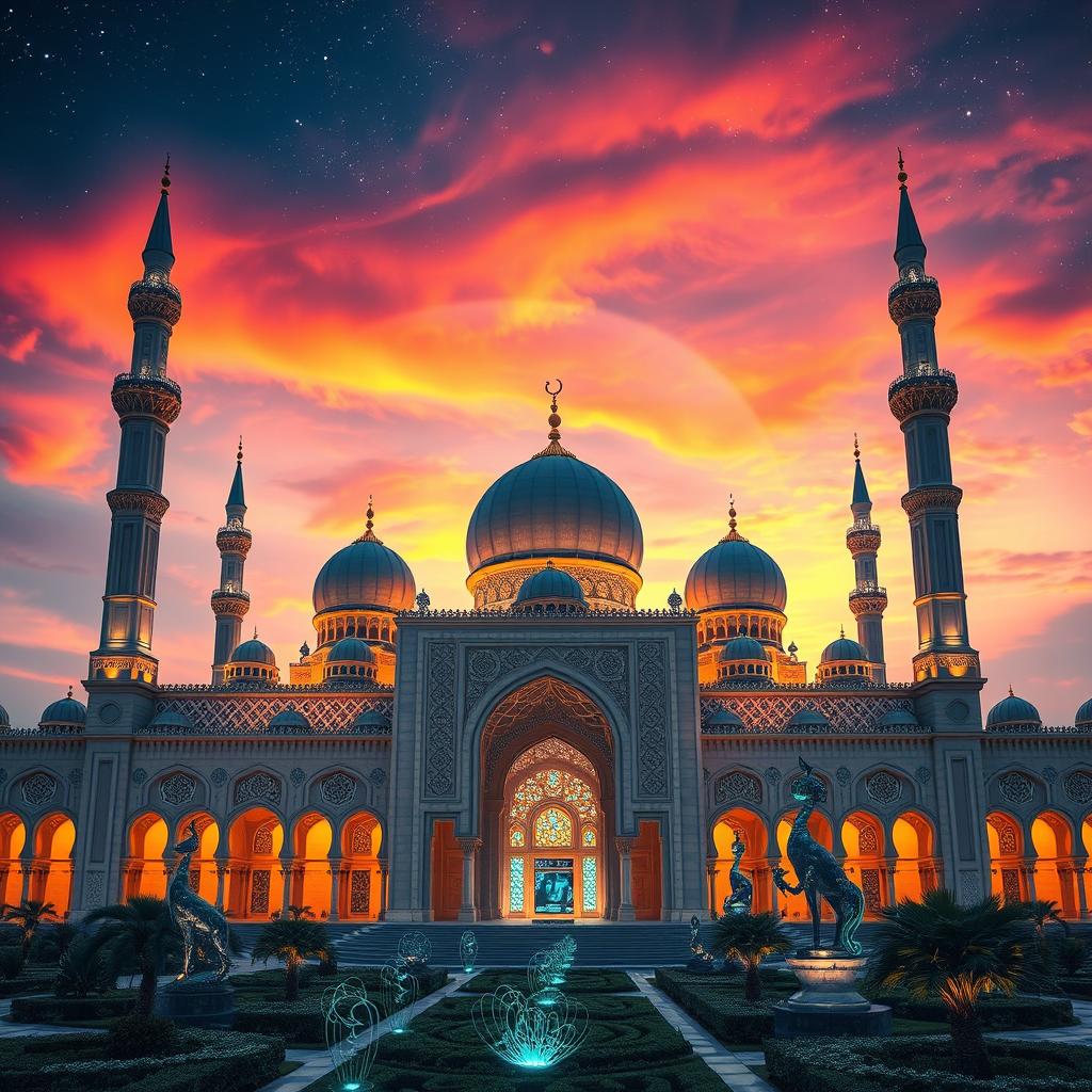 A stunning depiction of Islamic architecture infused with modern artificial intelligence elements