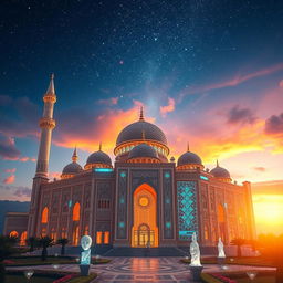 A stunning depiction of Islamic architecture infused with modern artificial intelligence elements