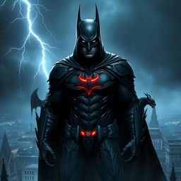 An enigmatic and shadowy Batman standing atop a Gothic cathedral, blending into the surrounding darkness