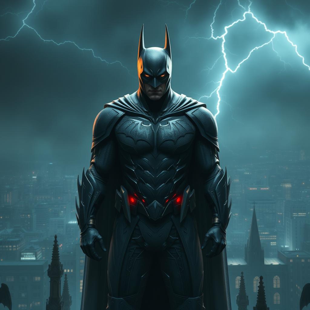 An enigmatic and shadowy Batman standing atop a Gothic cathedral, blending into the surrounding darkness