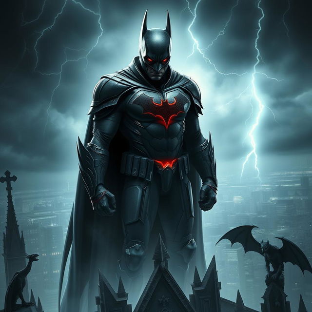 An enigmatic and shadowy Batman standing atop a Gothic cathedral, blending into the surrounding darkness