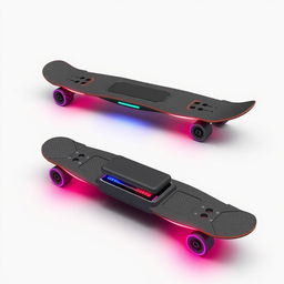 A futuristic skateboard that is designed for portability, featuring a foldable structure for easy transportation