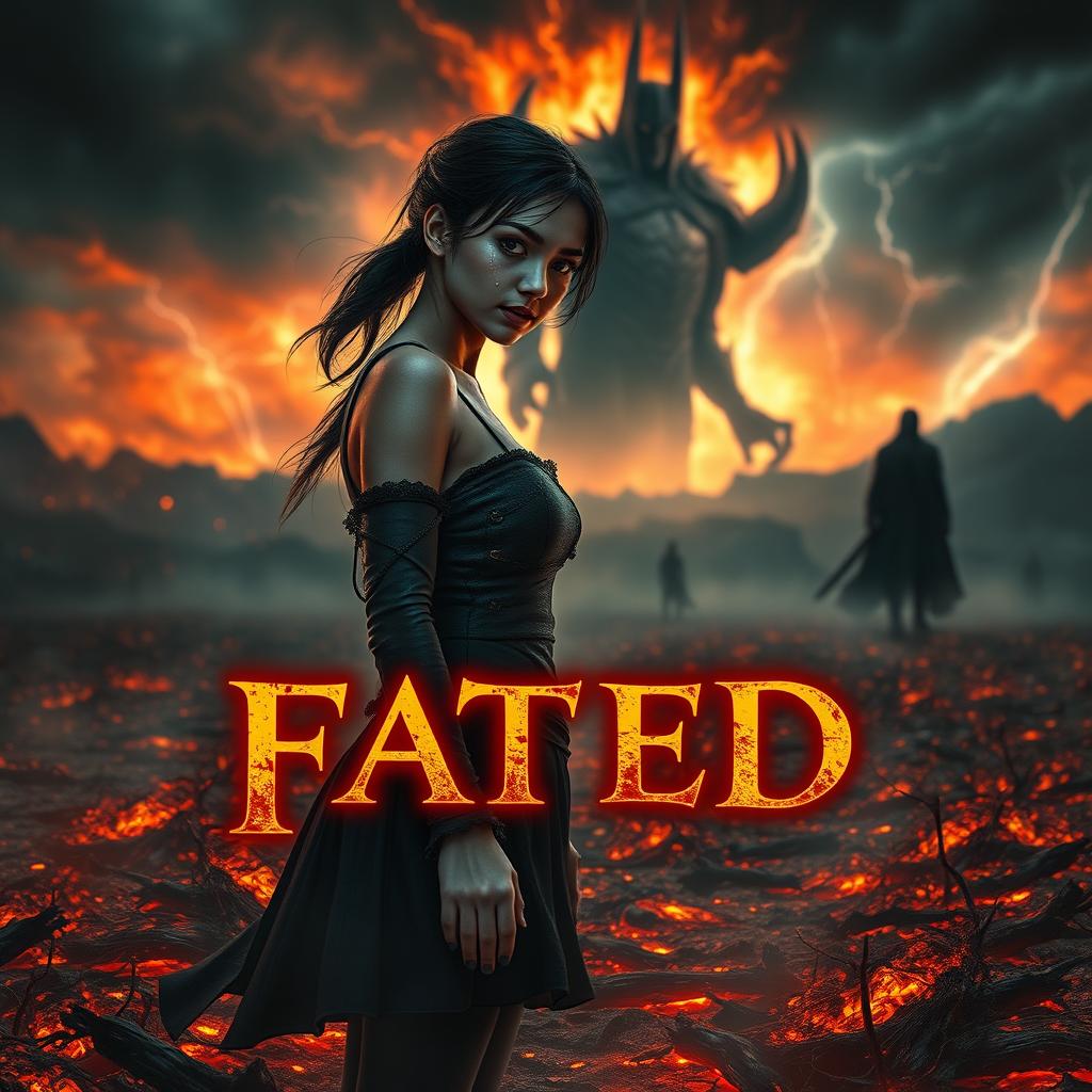 A dramatic fantasy book cover for 'FATED', showcasing a lone female figure named Kim standing on a scorched field, embodying resilience