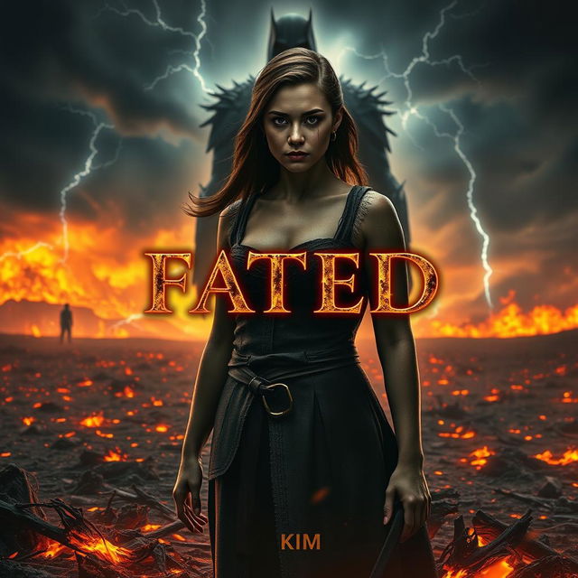 A dramatic fantasy book cover for 'FATED', showcasing a lone female figure named Kim standing on a scorched field, embodying resilience