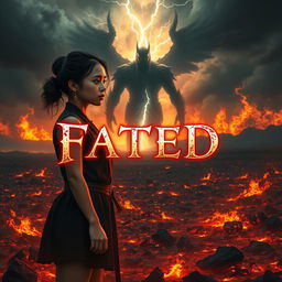 A dramatic fantasy book cover for 'FATED', showcasing a lone female figure named Kim standing on a scorched field, embodying resilience