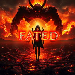 A dramatic fantasy book cover for 'FATED', showcasing a lone female figure named Kim standing on a scorched field, embodying resilience