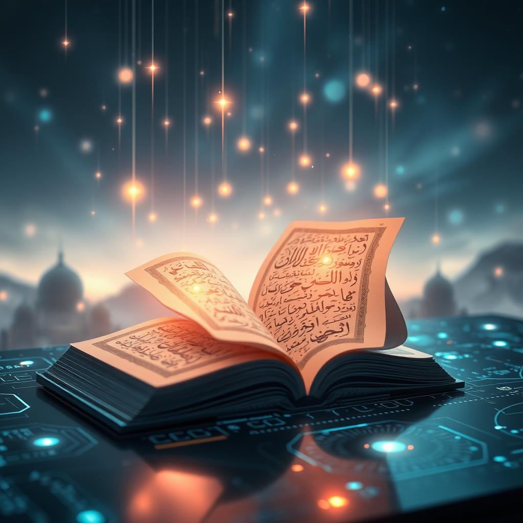An abstract representation of artificial intelligence intertwined with the themes of the Qur'an