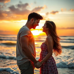 A romantic couple enjoying a sunset at the beach, holding hands and looking into each other's eyes, surrounded by soft waves and a warm golden light