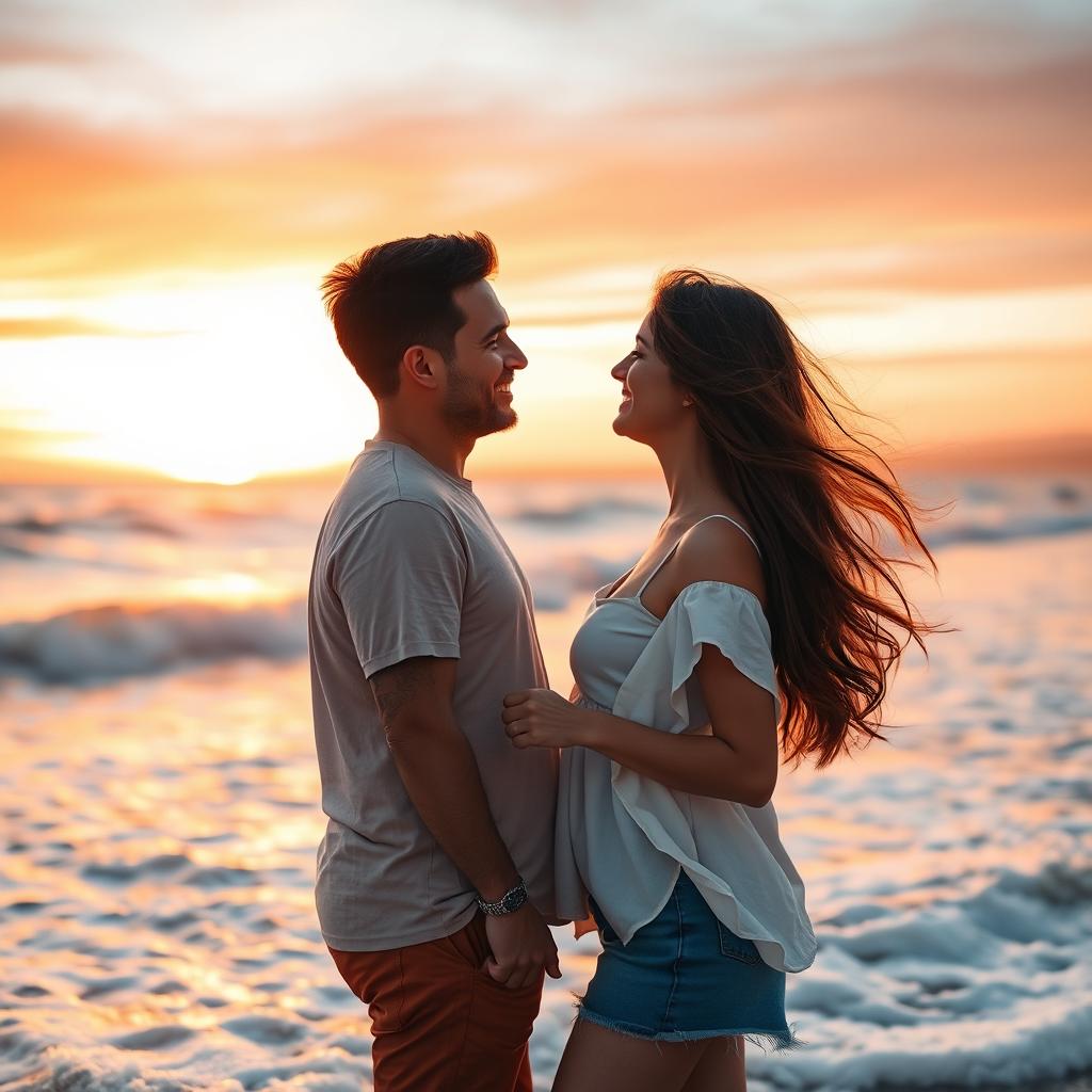 A romantic couple enjoying a sunset at the beach, holding hands and looking into each other's eyes, surrounded by soft waves and a warm golden light