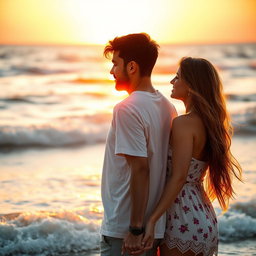 A romantic couple enjoying a sunset at the beach, holding hands and looking into each other's eyes, surrounded by soft waves and a warm golden light