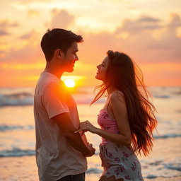 A romantic couple enjoying a sunset at the beach, holding hands and looking into each other's eyes, surrounded by soft waves and a warm golden light