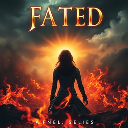 A fantasy book cover for 'FATED', the second book in the series, featuring the protagonist Kim with brown hair and light hazel eyes, kneeling with her back to the viewer in the middle of a fiery battlefield
