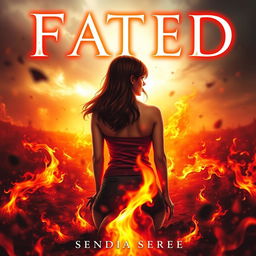 A fantasy book cover for 'FATED', the second book in the series, featuring the protagonist Kim with brown hair and light hazel eyes, kneeling with her back to the viewer in the middle of a fiery battlefield