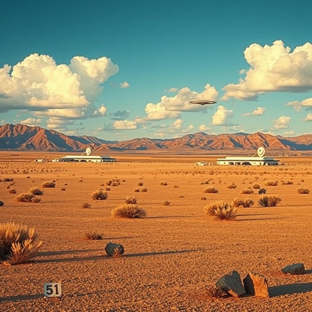 A mysterious desert landscape depicting Area 51, featuring a secretive military base with several hangars and radar dishes