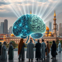 A thought-provoking and visually rich representation of artificial intelligence intertwined with Islamic civilization