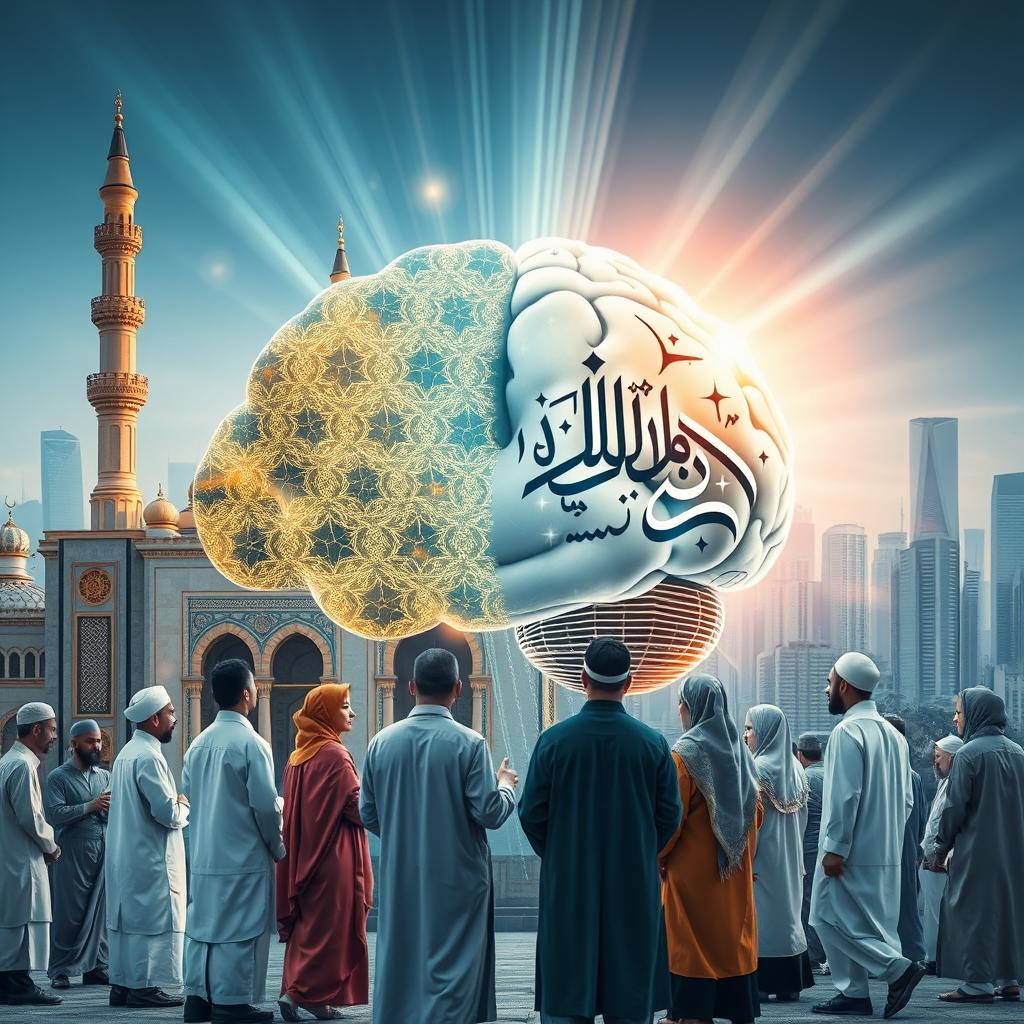 A thought-provoking and visually rich representation of artificial intelligence intertwined with Islamic civilization