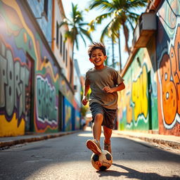 A vibrant street scene in Sao Paulo, Brazil, featuring a young boy energetically playing football