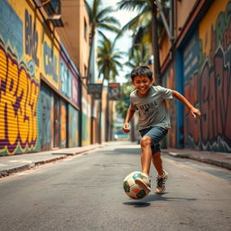 A vibrant street scene in Sao Paulo, Brazil, featuring a young boy energetically playing football