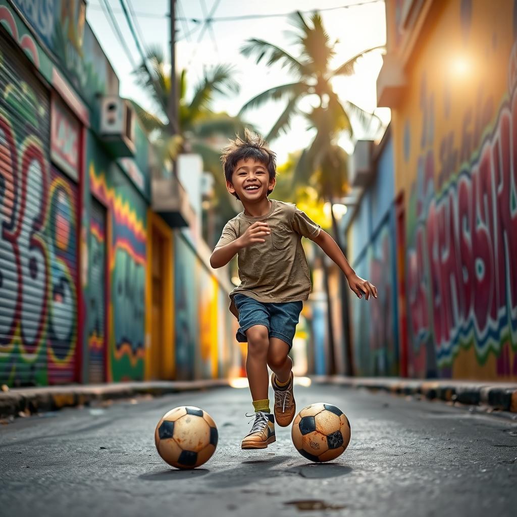 A vibrant street scene in Sao Paulo, Brazil, featuring a young boy energetically playing football