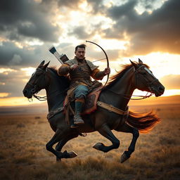 A dynamic and powerful Mongol warrior on horseback, clad in traditional armor made of leather and horse-hair, wielding a bow and arrow, with the vast Mongolian steppes in the background