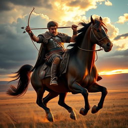 A dynamic and powerful Mongol warrior on horseback, clad in traditional armor made of leather and horse-hair, wielding a bow and arrow, with the vast Mongolian steppes in the background